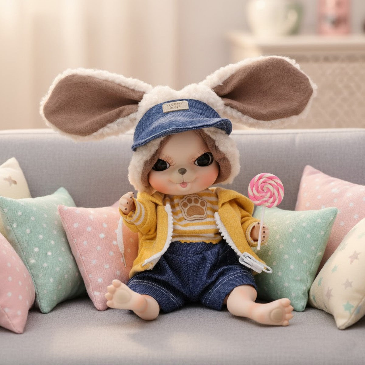 Entzückende 10-Zoll-Porzellan-Anziehpuppe Gelber Hase (BJD)
