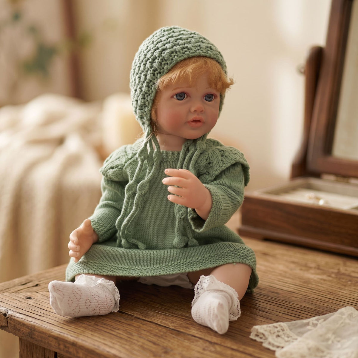 22 Zoll Reborn-Puppe mit Ganzkörper-Vinyl, simuliertes Baby, handimplantiertes Haar, Badespielzeug-Geschenk