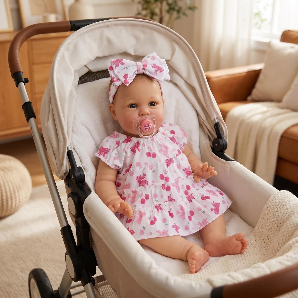Realistische 22-Zoll Reborn-Babypuppe mit Stoffkörper, Kleid mit Kirschmuster, beruhigender Begleiter als Geschenk für die Feiertage