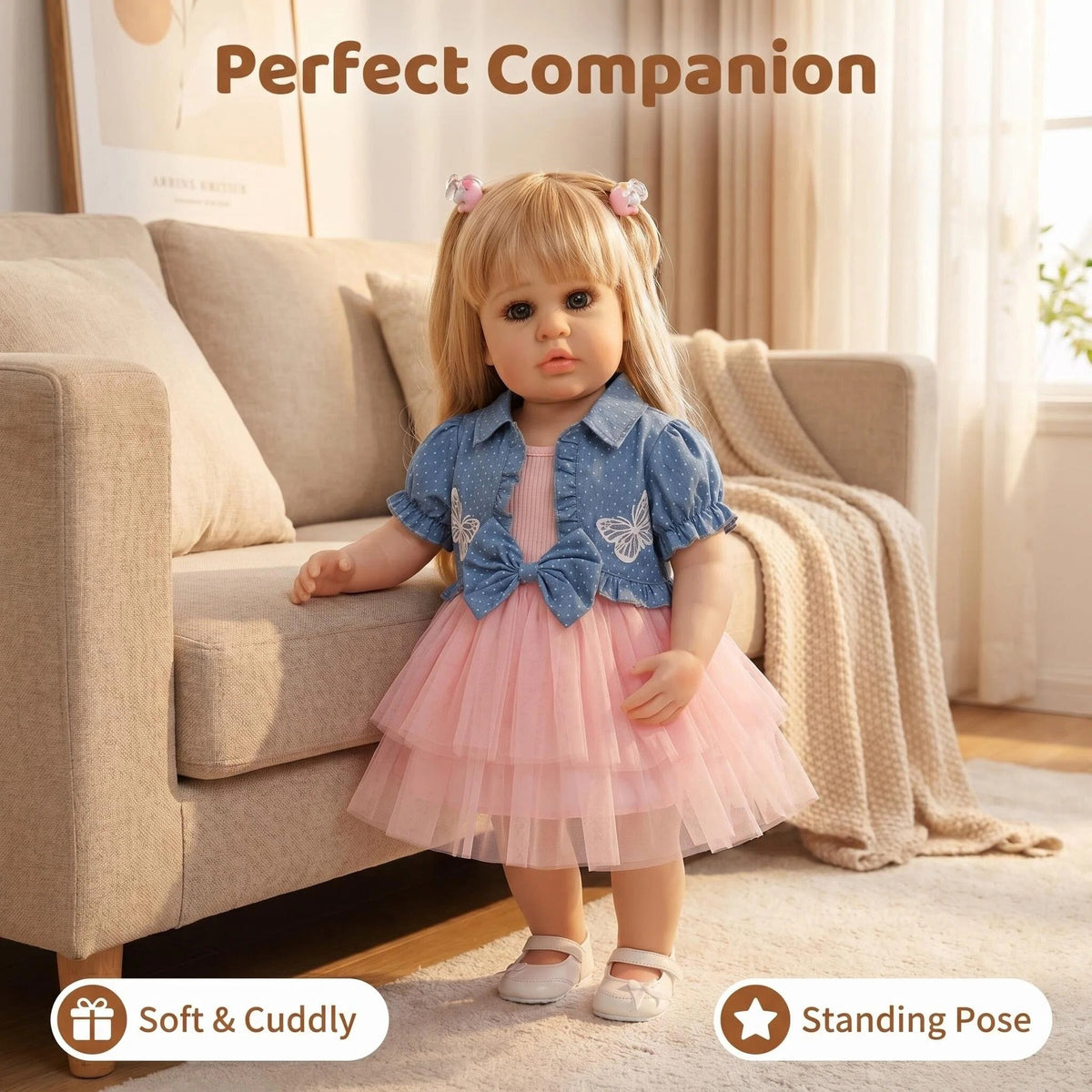 Lebensechte 56 cm große stehende Reborn-Kleinkindpuppe mit Ganzkörper-Vinyl, blonden Zöpfen, Prinzessinnen-Outfit, festliches Geschenk für Kinder und Sammler