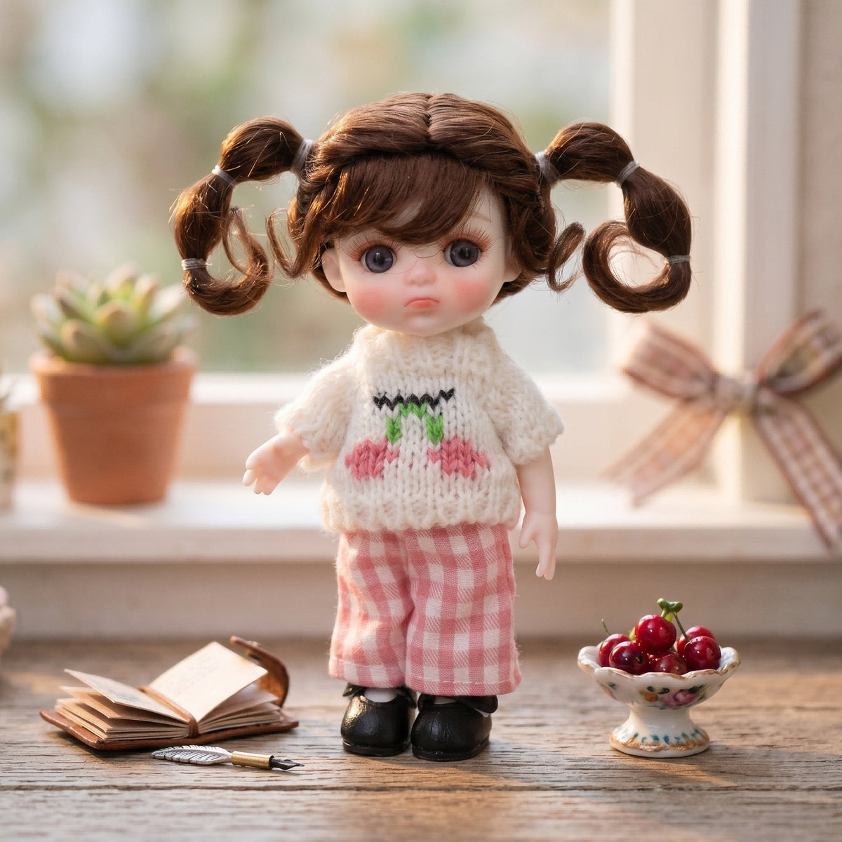 6-Zoll-Mini-Puppe mit Vollkeramik-Körper, süßes Outfit mit Zöpfen und Kirsch-Strickkleidung, sammelbare Tischdeko, Geschenk