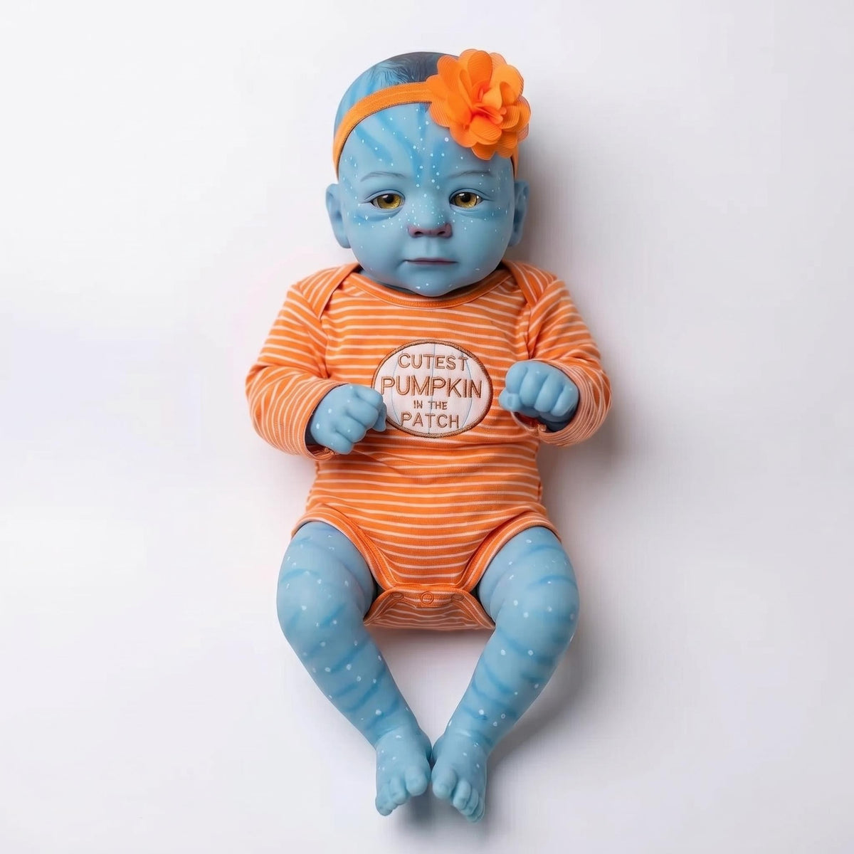 Einzigartige 48 cm (19 Zoll) Avatar-Puppe mit Ganzkörper-Vinyl, handbemalt, mit gepunkteter blauer Haut, Halloween-Outfit, beweglich, Hobby-Ausstellungsfigur
