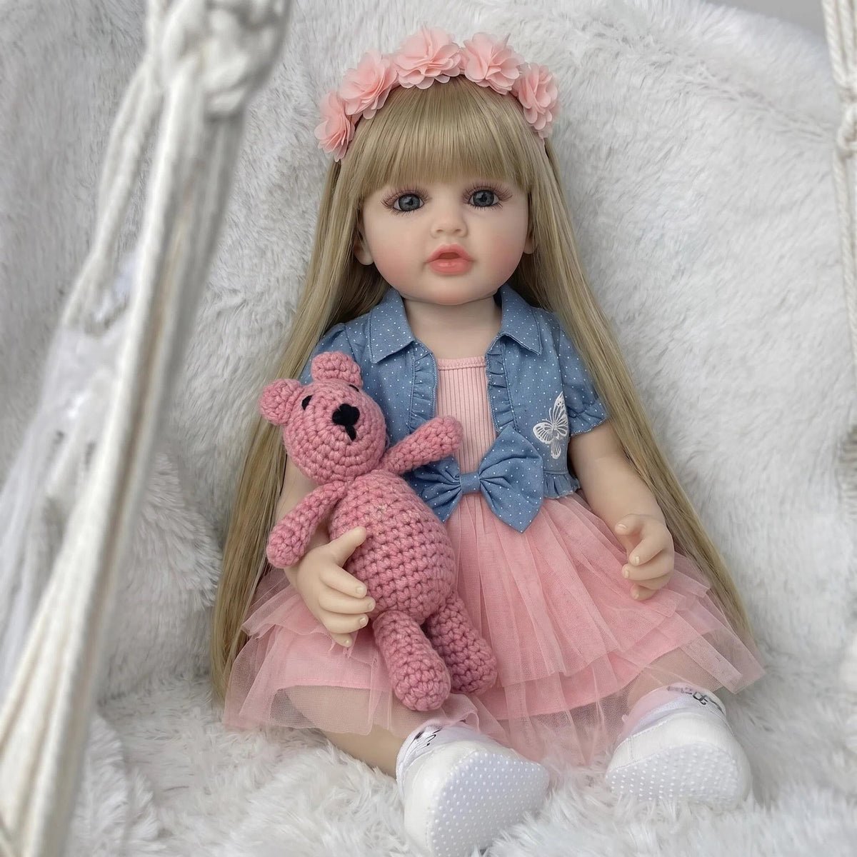 22 Zoll Reborn-Kleinkindpuppe mit blonden Haaren und Ganzkörper-Vinyl, Premium-Kunstpuppe als luxuriöses Geburtstags- und Festtagsgeschenk