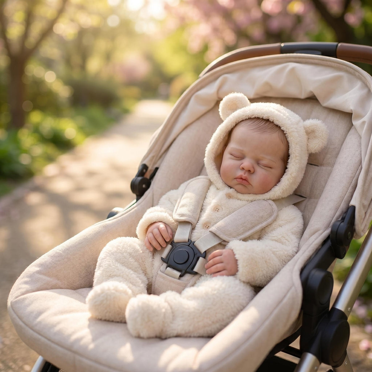 Lebensechte schlafende Babypuppe, 48 cm, mit Stoffkörper, Strampler mit Bärenkapuze, Begleitspielzeug für Babyfotoshootings und als Geschenk für jeden Anlass
