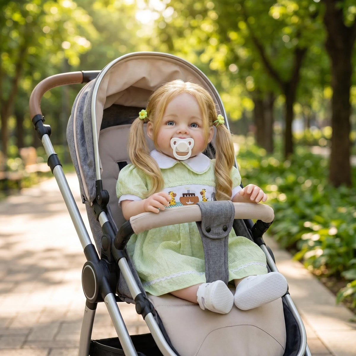 Fröhliches, blondes Reborn-Mädchen mit Zöpfen, 60 cm, mit Stoffkörper und Kleid mit Tiermuster, Komfort-Begleitpuppe, einzigartiges Überraschungsgeschenk für Geburtstagsfeiern und westliche Feste