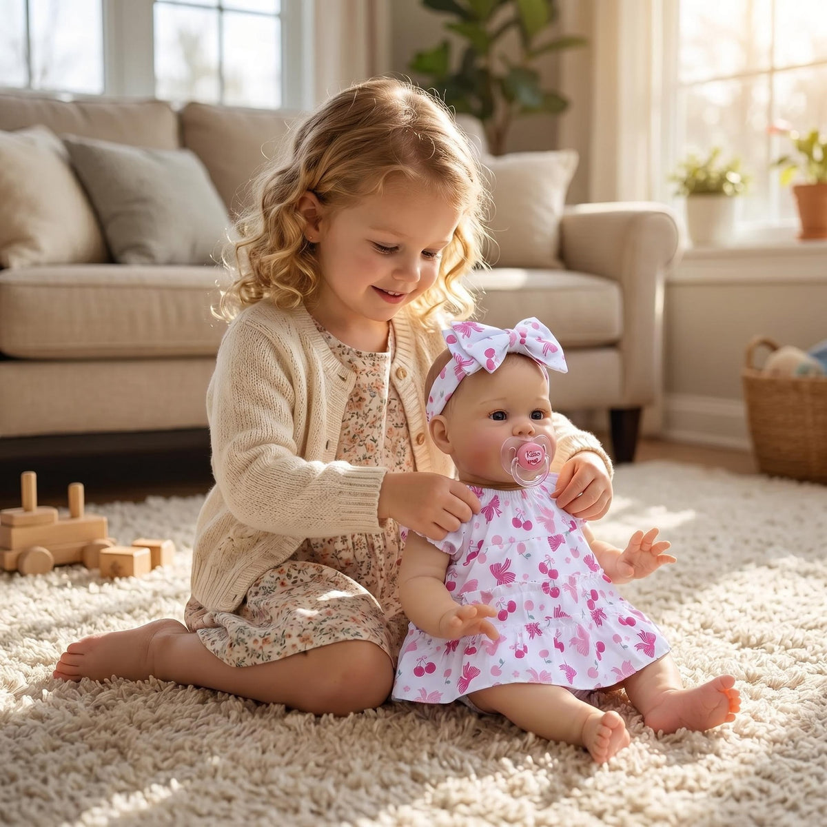 Realistische 22-Zoll Reborn-Babypuppe mit Stoffkörper, Kleid mit Kirschmuster, beruhigender Begleiter als Geschenk für die Feiertage