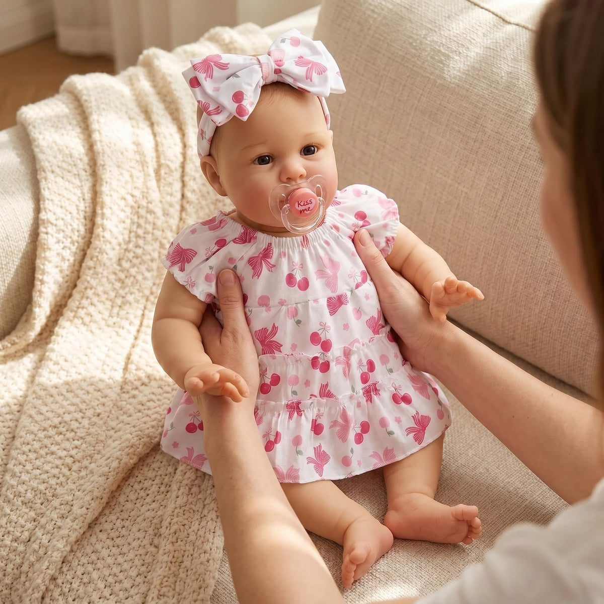 Realistische 22-Zoll Reborn-Babypuppe mit Stoffkörper, Kleid mit Kirschmuster, beruhigender Begleiter als Geschenk für die Feiertage