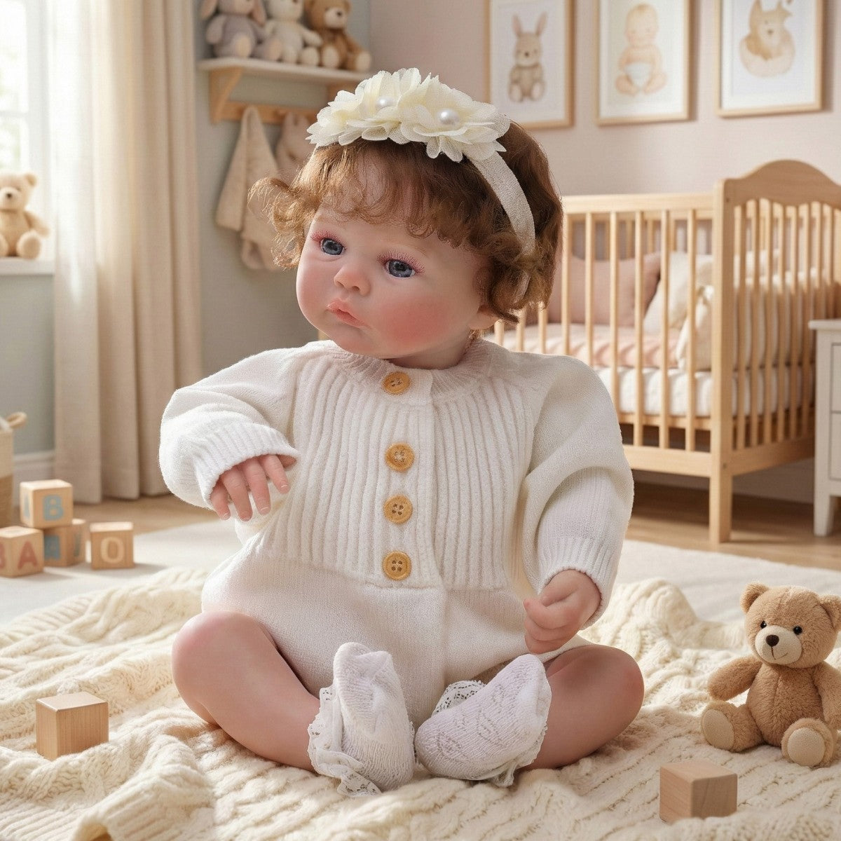 18 Zoll Reborn-Puppe mit implantierten Haaren, 45 cm, Stoffkörper, Simulationsbaby