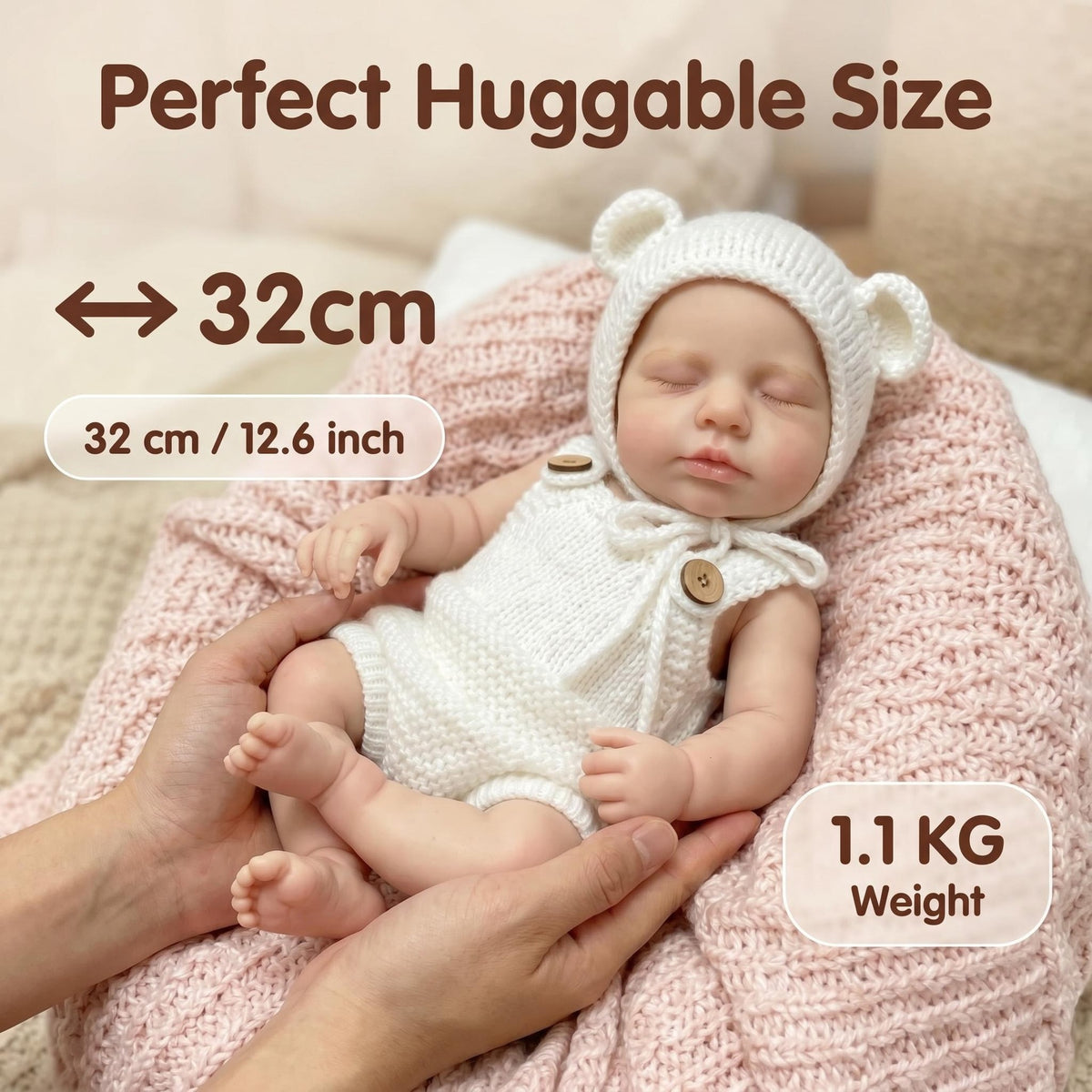 12-Zoll-Puppe aus Vollsilikon, neutrales handgestricktes Bären-Outfit, perfekte Geschenkidee für Babypartys, Thanksgiving, Valentinstag und verschiedene Feiertage