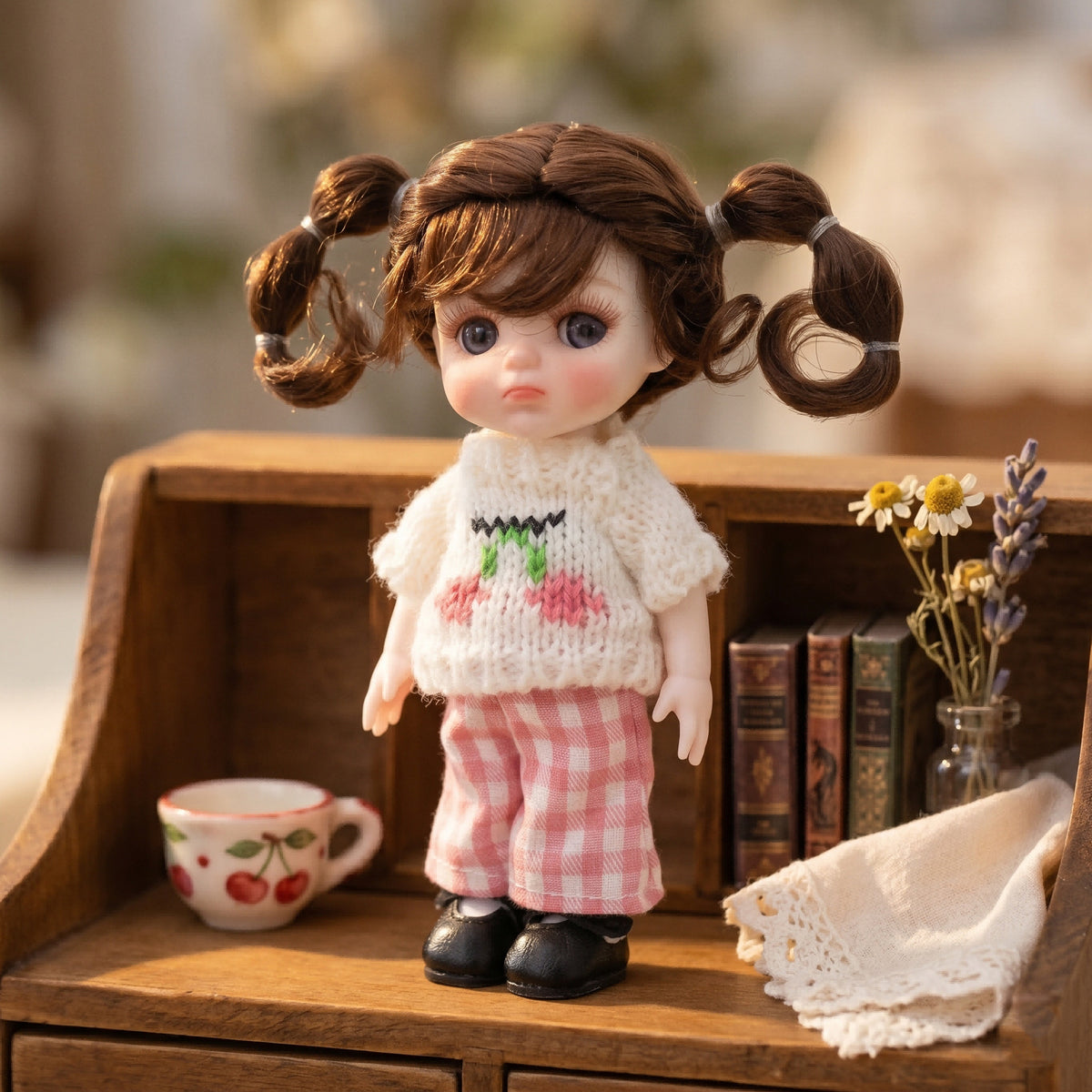 6-Zoll-Mini-Puppe mit Vollkeramik-Körper, süßes Outfit mit Zöpfen und Kirsch-Strickkleidung, sammelbare Tischdeko, Geschenk