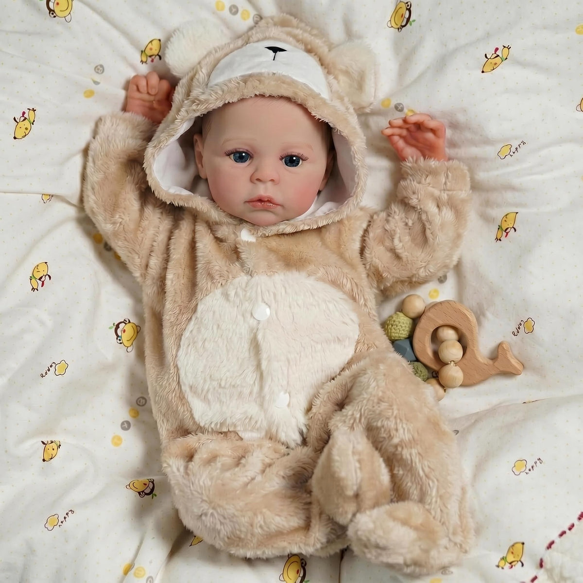 Lebensechte, offenäugige Babypuppe, 45 cm, mit Stoffkörper, Strampler mit Bärenkapuze, Begleitspielzeug, geeignet als Kinderzimmerdekoration und für Geschenke zu jedem Anlass