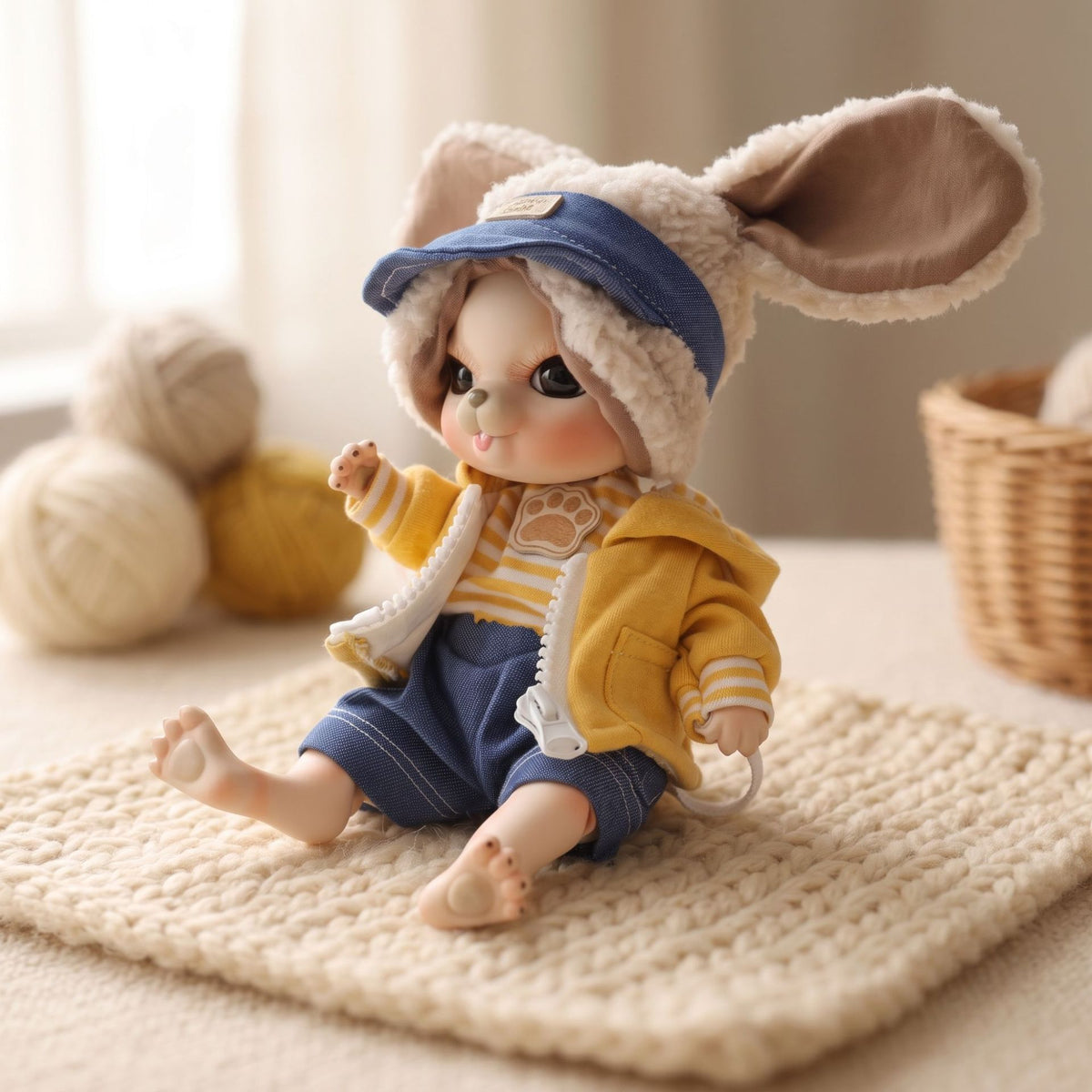 10 Zoll süßes Tier mit vollkeramischem Kugelgelenkkörper und flauschiger Ohrenmütze, Reborn-Babypuppe. Outfit Sammlerstück Dekor Geschenk