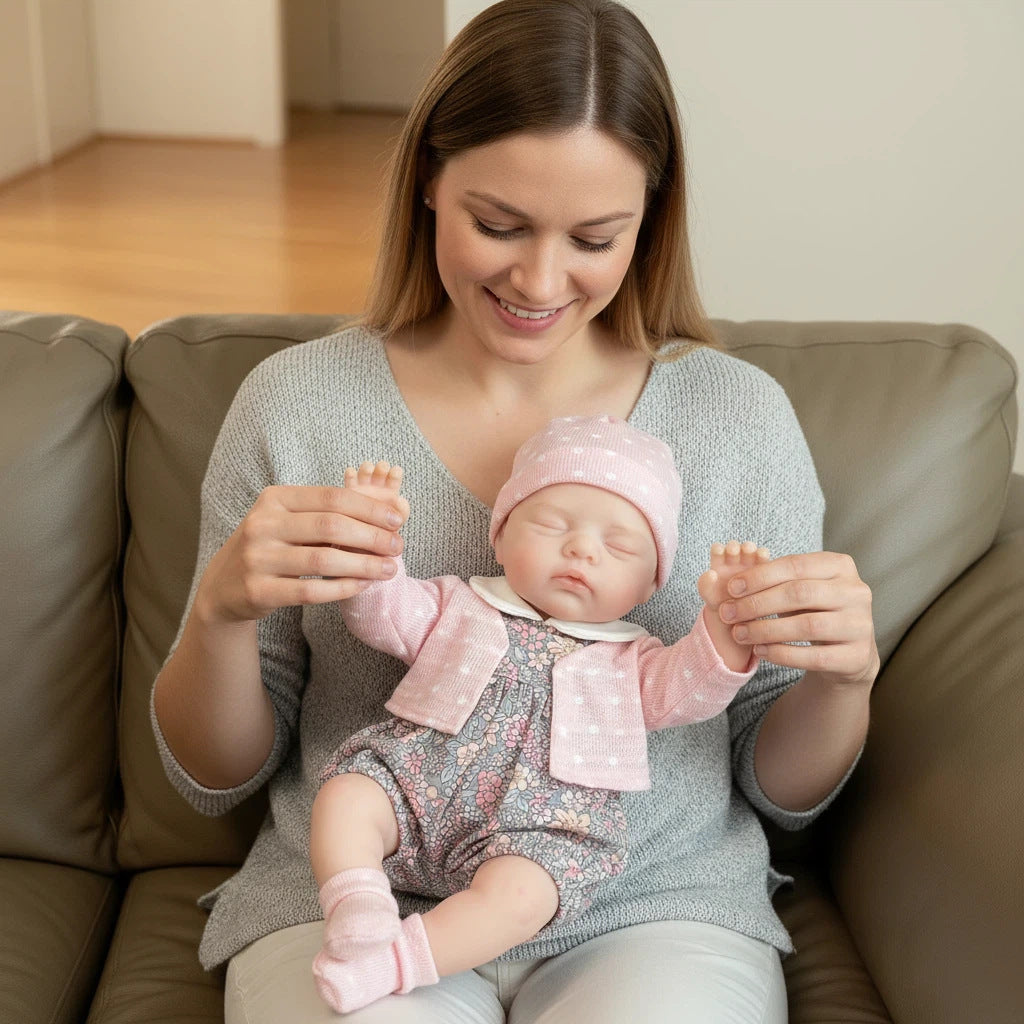 12-Zoll-Reborn-Puppe aus massivem Silikon, weiß, mit kleinem Punktmuster, kleine Strickjacke, Simulations-Spielzeugpuppe
