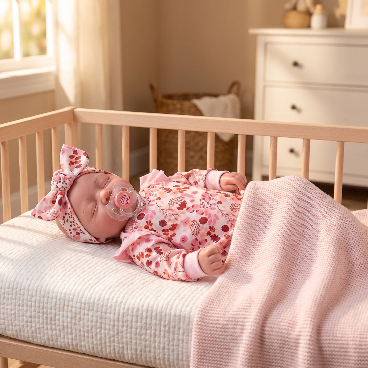 19 Zoll große, süß lächelnde Reborn-Puppe mit Stoffkörper, rosafarbenem Blumen-Outfit, Komfortspielzeug als Geschenk für Feiertage