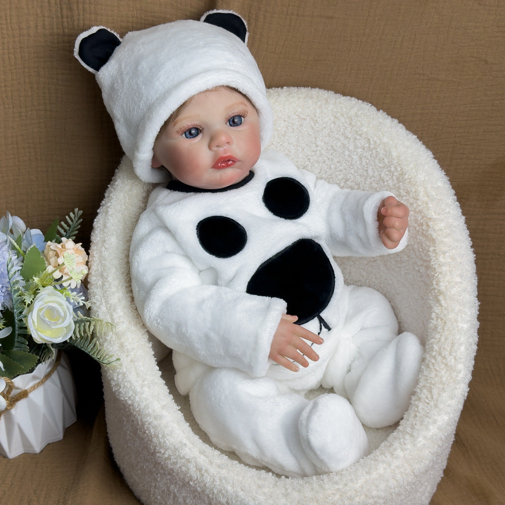 18-Zoll realistische Babypuppe aus Vollvinyl, flauschiger Panda-Strampler, zeitloses Andenken für Geburtstage und die festliche Geschenksaison