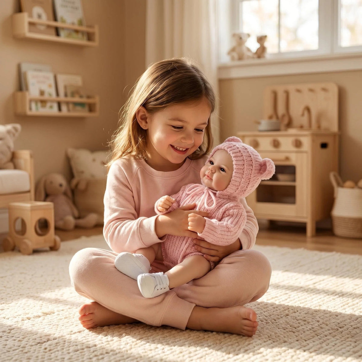 19 Zoll Reborn-Babypuppe mit Ganzkörper-Vinyl, süßer, neutraler, rosa Strickanzug, Simulationspuppe für das Kinderzimmer als Geschenk für Mädchen