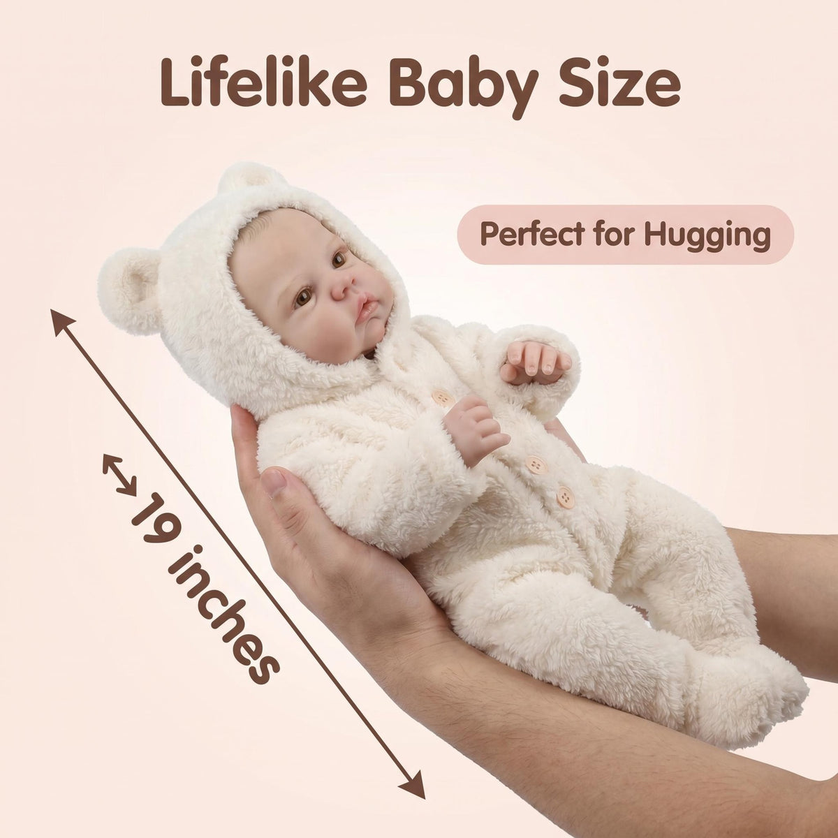 19 Zoll Reborn-Babypuppe mit Stoffkörper, wache Augen, cremefarbener, flauschiger Strampler mit Bärenohren-Kapuze und Füßchen, ideales Geburtstags- oder Weihnachtsgeschenk, kuscheliger Begleiter für Kinder und erwachsene Puppenliebhaber