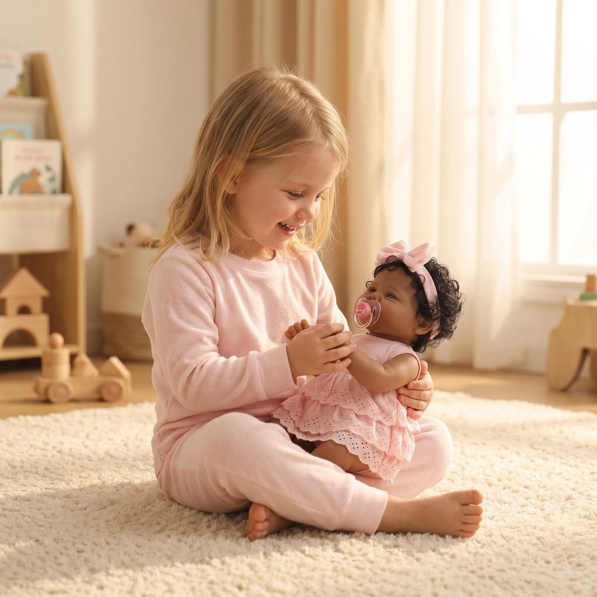 19 Zoll Reborn-Babypuppe mit Stoffkörper, rosa Lochstickerei-Kleid, großes Netzstoff-Schleifen-Stirnband, schöne Geschenkidee für Geburtstage, Weihnachten und Feiertage, kuscheliger Begleiter für Kinder und erwachsene Puppensammler