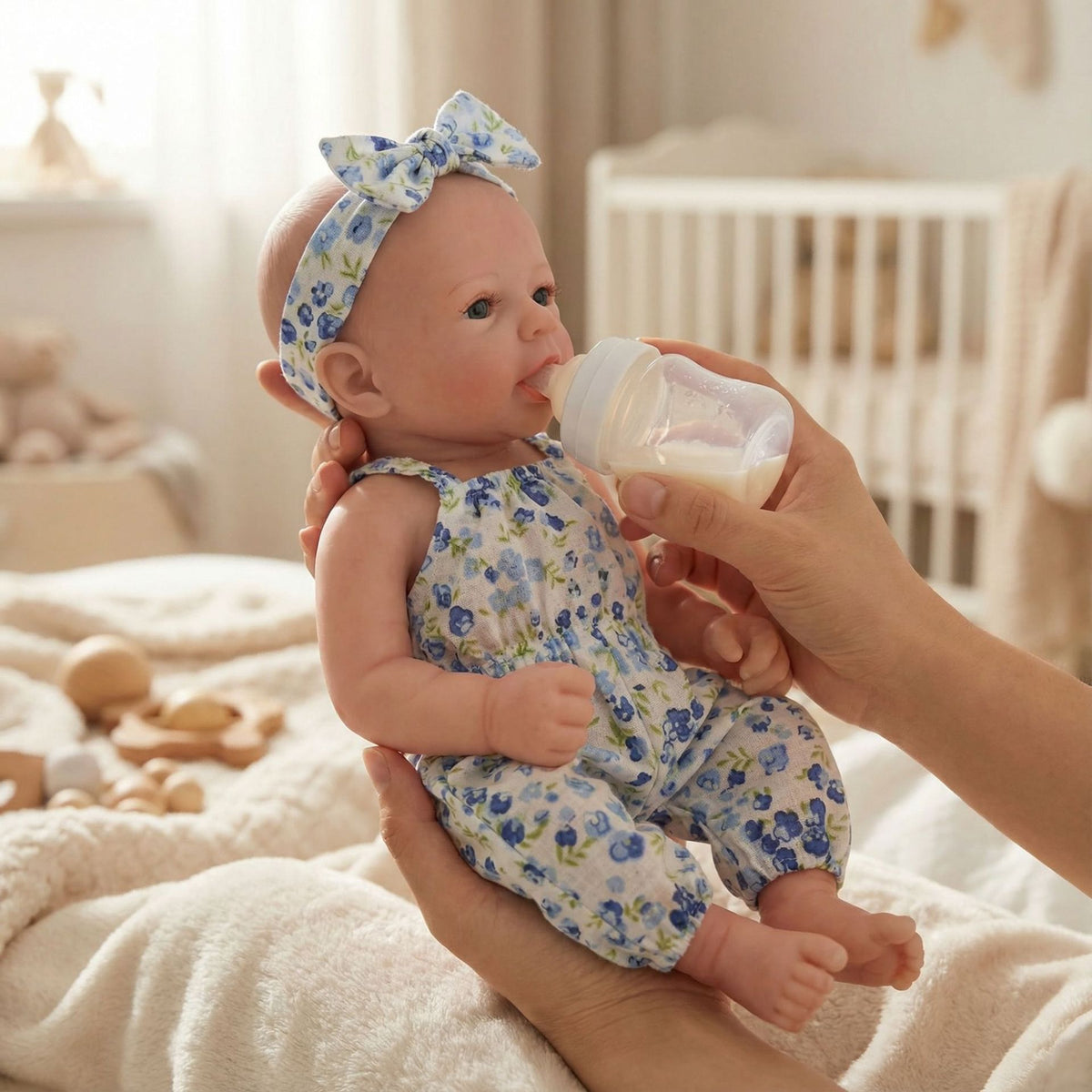 12-Zoll-Jumpsuit mit blauem Blumenmuster und Hosenträgern, massive Silikon-Reinkarnationspuppe, als Weihnachtsgeschenk für Kinder