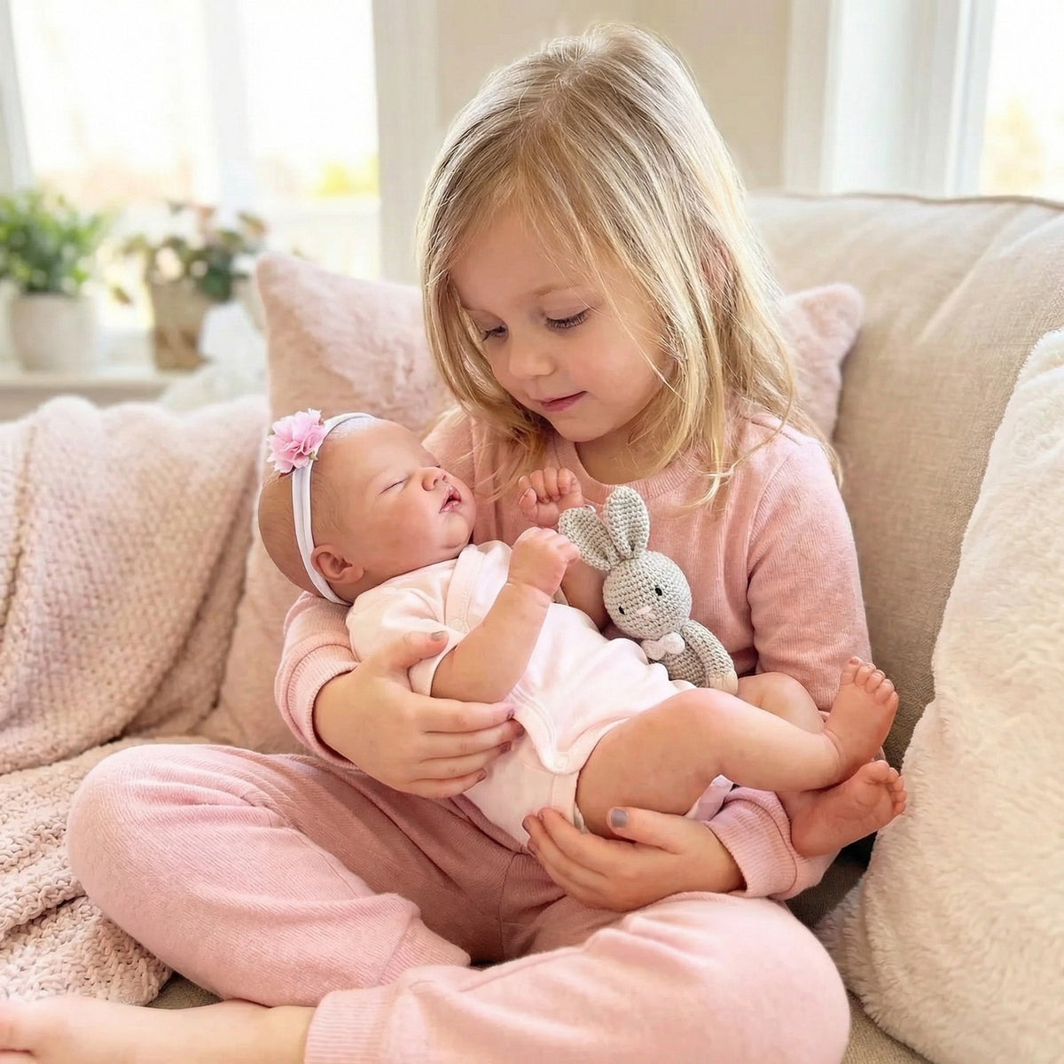 Realistische schlafende Babypuppe, 48 cm, mit Stoffkörper und Blumen-Stirnband, Begleitspielzeug geeignet für Fotoshootings im Kinderzimmer und als Geschenk für jeden Anlass