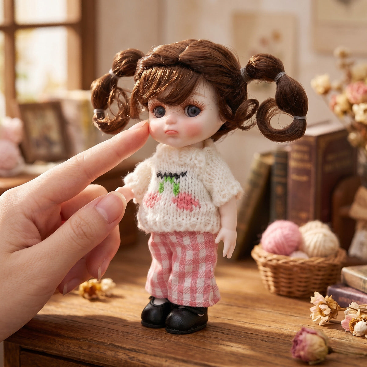 6-Zoll-Mini-Puppe mit Vollkeramik-Körper, süßes Outfit mit Zöpfen und Kirsch-Strickkleidung, sammelbare Tischdeko, Geschenk