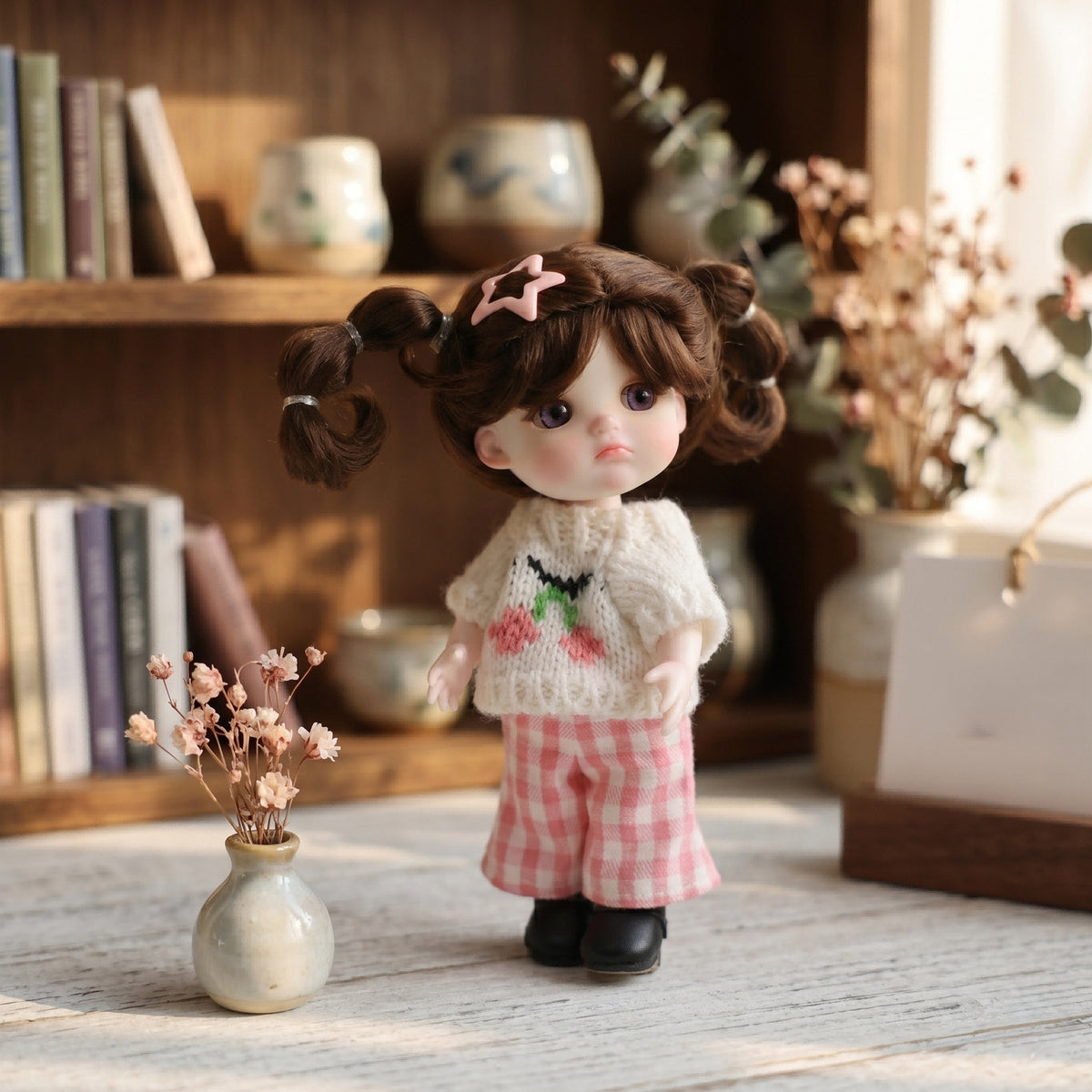 6-Zoll-Mini-Puppe mit Vollkeramik-Körper, süßes Outfit mit Zöpfen und Kirsch-Strickkleidung, sammelbare Tischdeko, Geschenk