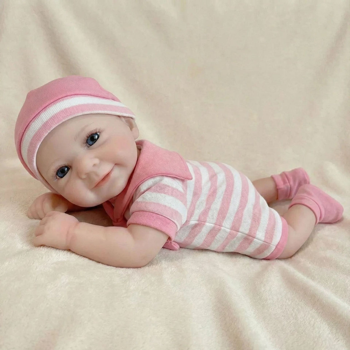 12 Zoll (30 cm) rosa gestreifter Jumpsuit, massive Silikon-Reborn-Puppe als Weihnachtsgeschenk für Kinder
