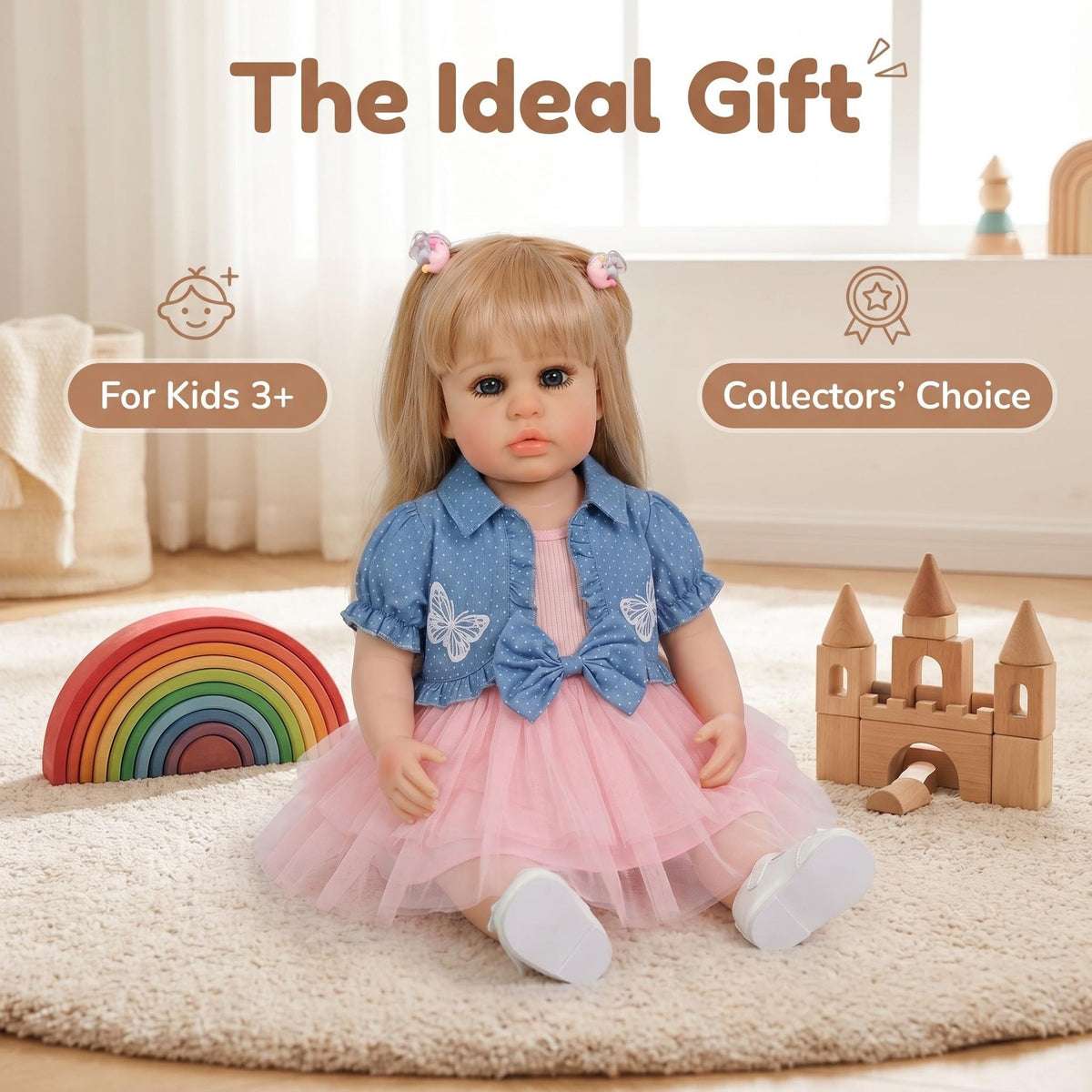 Lebensechte 56 cm große stehende Reborn-Kleinkindpuppe mit Ganzkörper-Vinyl, blonden Zöpfen, Prinzessinnen-Outfit, festliches Geschenk für Kinder und Sammler