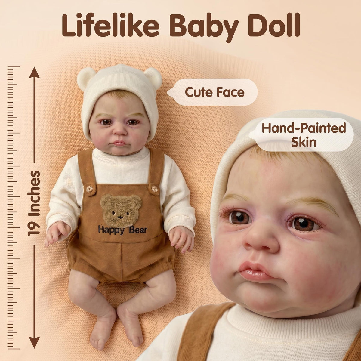 Comfort Hug 48 cm Reborn-Puppe mit Stoffkörper, cremefarbener Bärenmütze, realistischem, lebensechtem Gesicht, perfekte Dekoration für Schlafzimmer oder Kinderzimmer, Geschenk