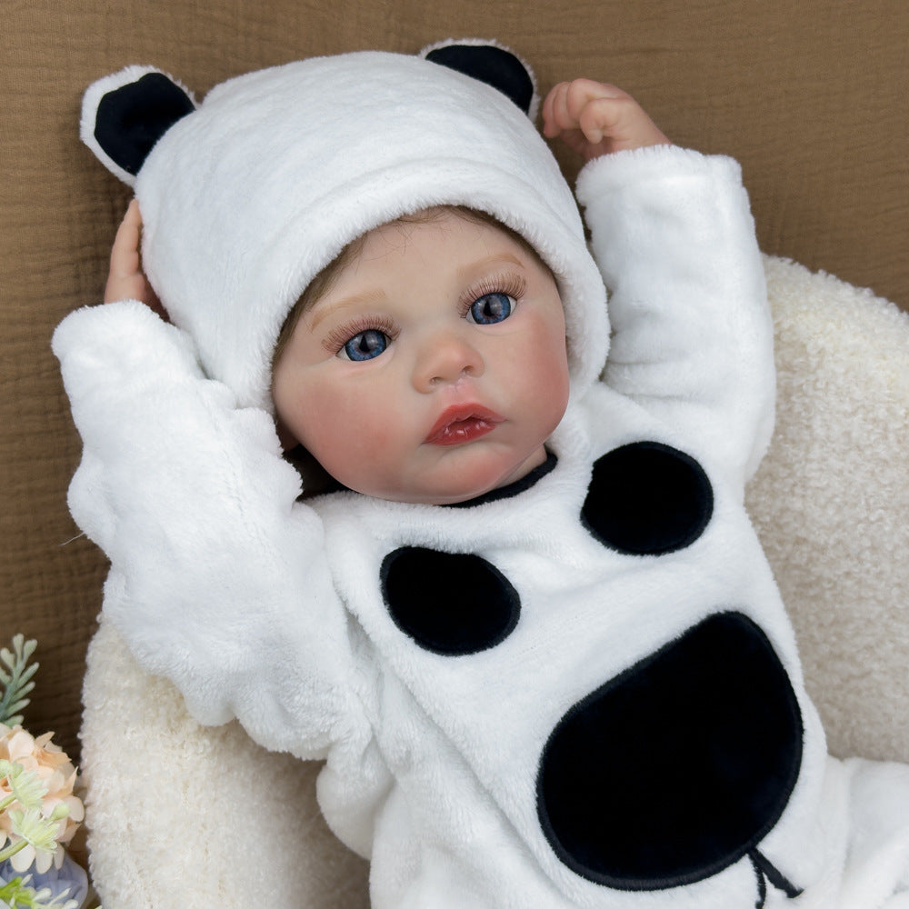 18-Zoll realistische Babypuppe aus Vollvinyl, flauschiger Panda-Strampler, zeitloses Andenken für Geburtstage und die festliche Geschenksaison