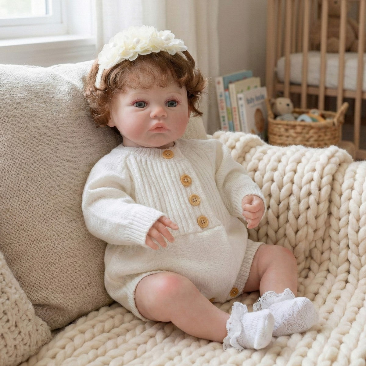 18 Zoll Reborn-Puppe mit implantierten Haaren, 45 cm, Stoffkörper, Simulationsbaby