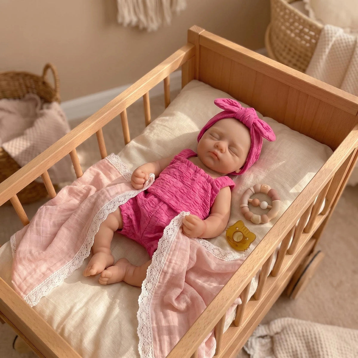 Rosenrotes Bubble-Outfit, 12-Zoll-Reborn-Babypuppe aus Vollsilikon, schlafend, mit übergroßer Schleife am Turban, geschlossene Augen, Mini-Neugeborenes, Sammlerpuppe