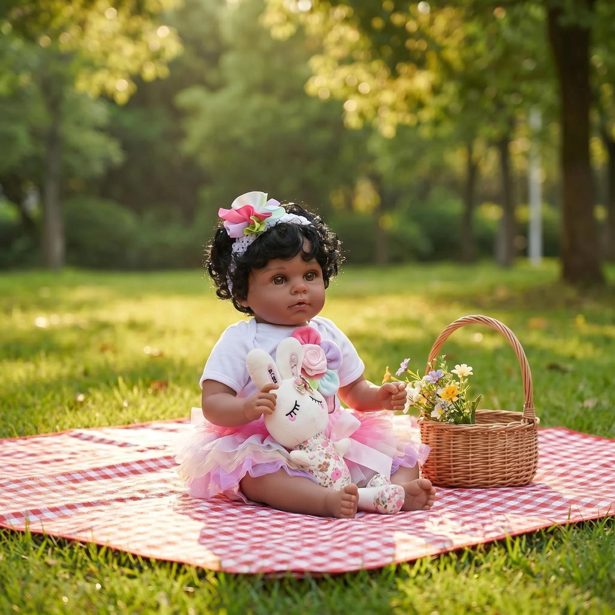 22 Zoll Reborn-Puppe mit Stoffkörper und regenbogenfarbenem Tüllkleid-Set, emotionaler therapeutischer Begleiter, einzigartiges Überraschungsgeschenk für Geburtstagsfeiern und westliche Feiertage