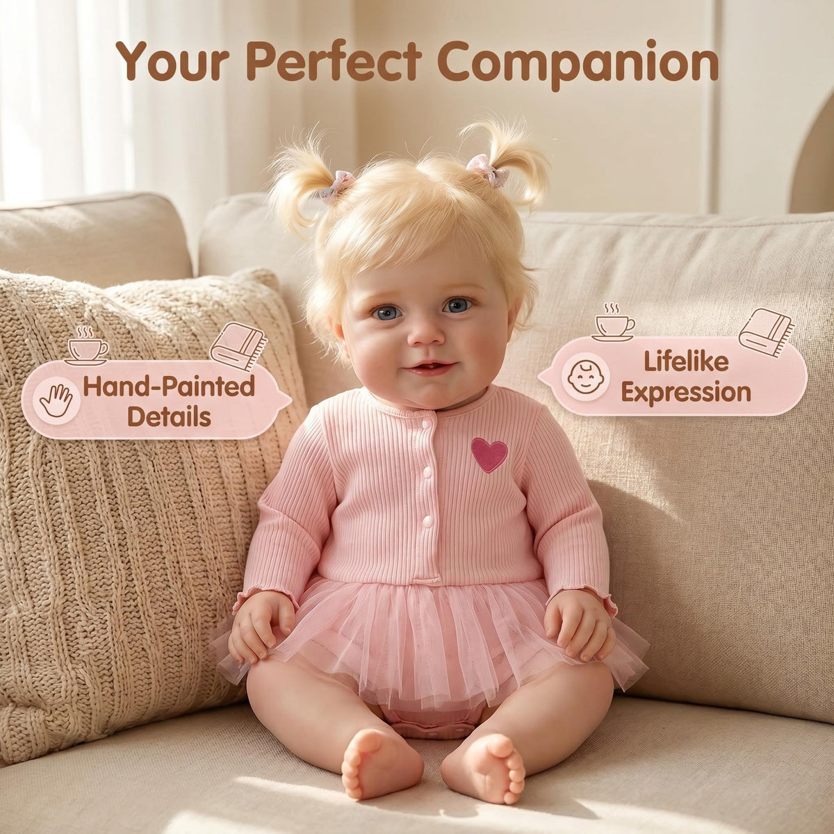 20-Zoll Reborn-Babypuppe aus Vollvinyl, mit blonden Zöpfen und rosa Herz-Tutu-Outfit, Begleitpuppe als Geburtstags- und Festtagsgeschenk