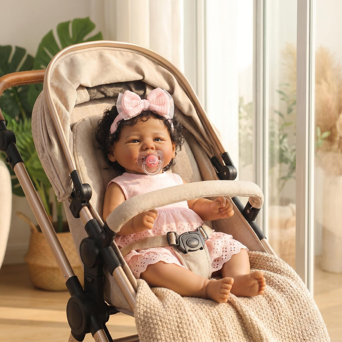 19 Zoll Reborn-Babypuppe mit Stoffkörper, rosa Lochstickerei-Kleid, großes Netzstoff-Schleifen-Stirnband, schöne Geschenkidee für Geburtstage, Weihnachten und Feiertage, kuscheliger Begleiter für Kinder und erwachsene Puppensammler