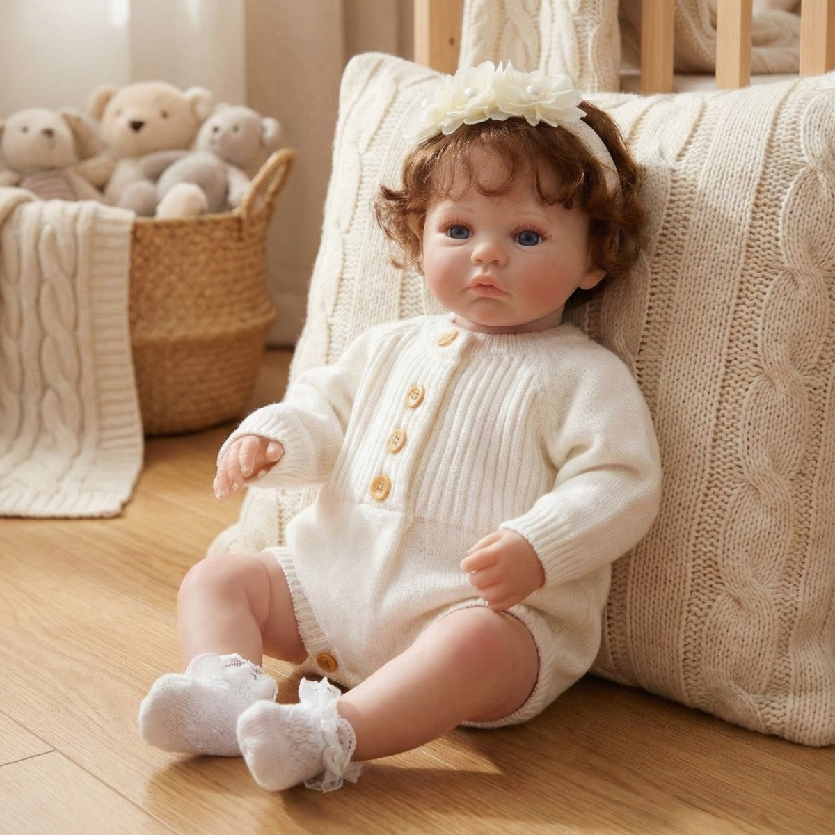 18 Zoll Reborn-Puppe mit implantierten Haaren, 45 cm, Stoffkörper, Simulationsbaby