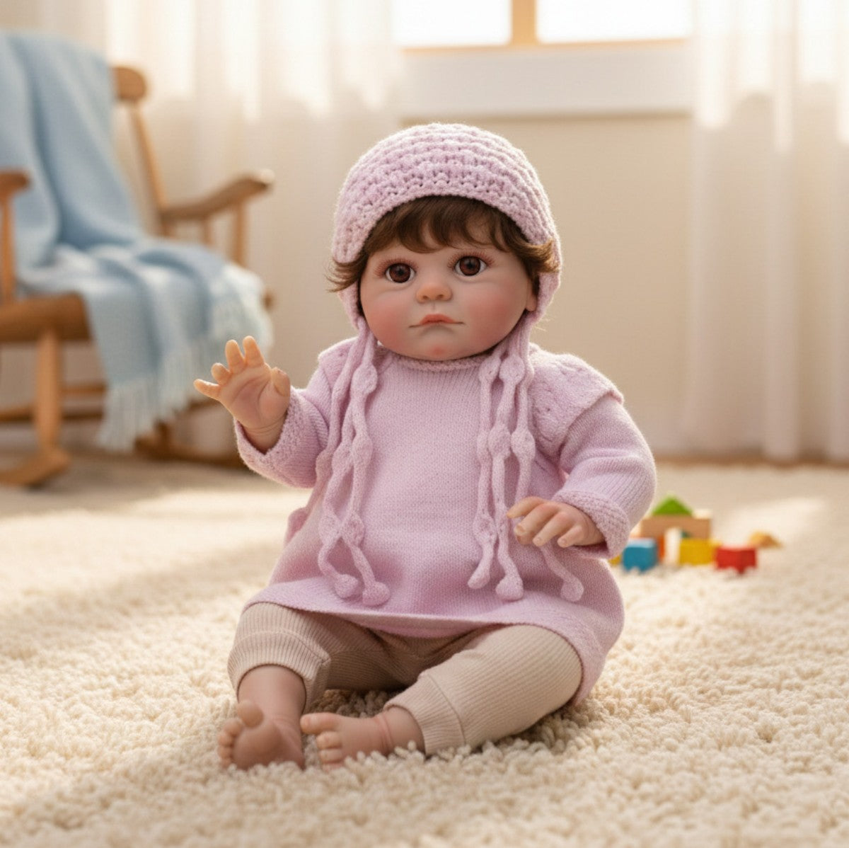 24 Zoll Reborn-Puppe mit implantierten Haaren und Stoffkörper, realistisches Baby-Spielzeug für Kinder, ideales Geschenk zu Feiertagen