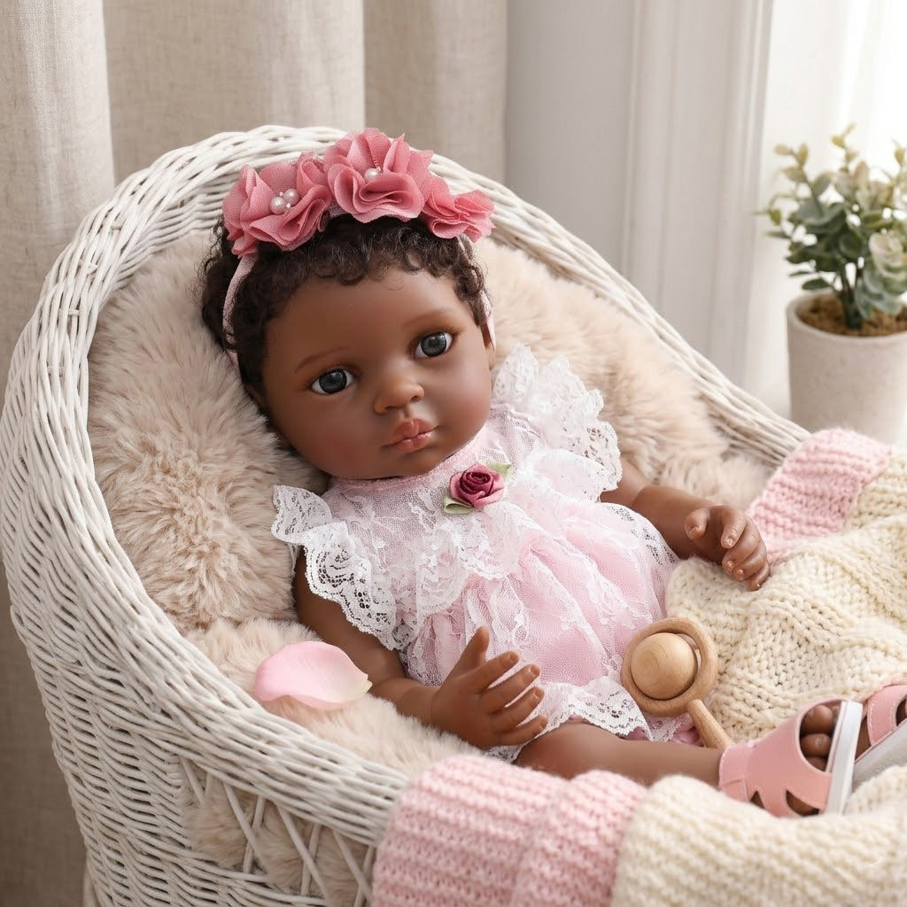 50 cm große, schwarze, lebensechte Reborn-Babypuppe, schwarze Haut, Vollkunststoff, Haar-Transplantation, afrikanische Mädchenpuppe