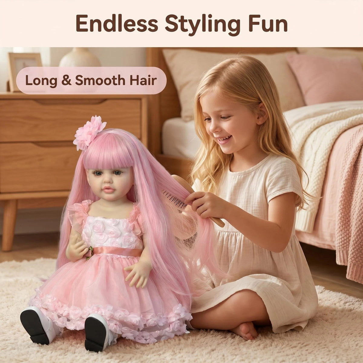 22 Zoll Full Vinyl Körper Reborn-Puppe Mädchen mit langem rosa Haar, wundervolles Geschenk für Babypartys und jeden Anlass