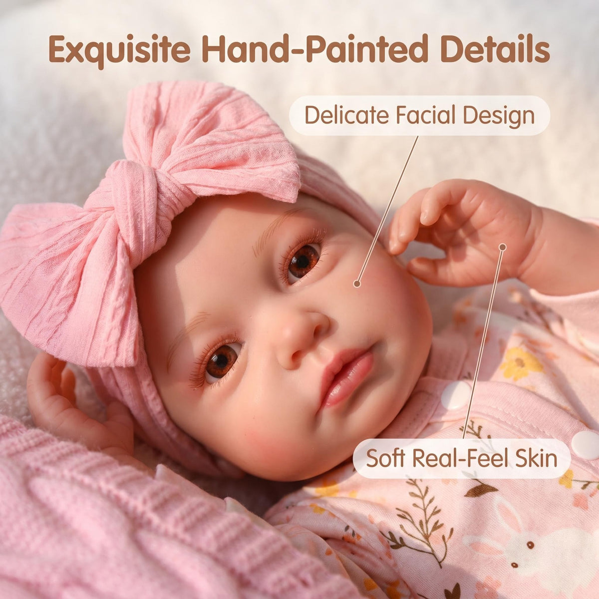 Soft Touch 19-Zoll Reborn-Puppe mit vollem Vinylkörper, floralem Hasen-Print-Reißverschluss-Strampler, komplettes süßes Outfit für Rollenspiele & Innendekoration