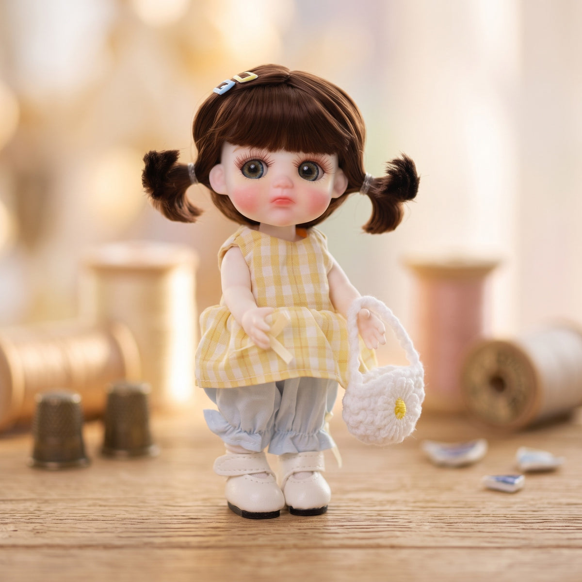 6 Zoll Mini mit Keramikkörper, süße Zöpfe, gelbes Vichy-Karo-Outfit, Sammlerstück als Schreibtischdekoration, Geschenk