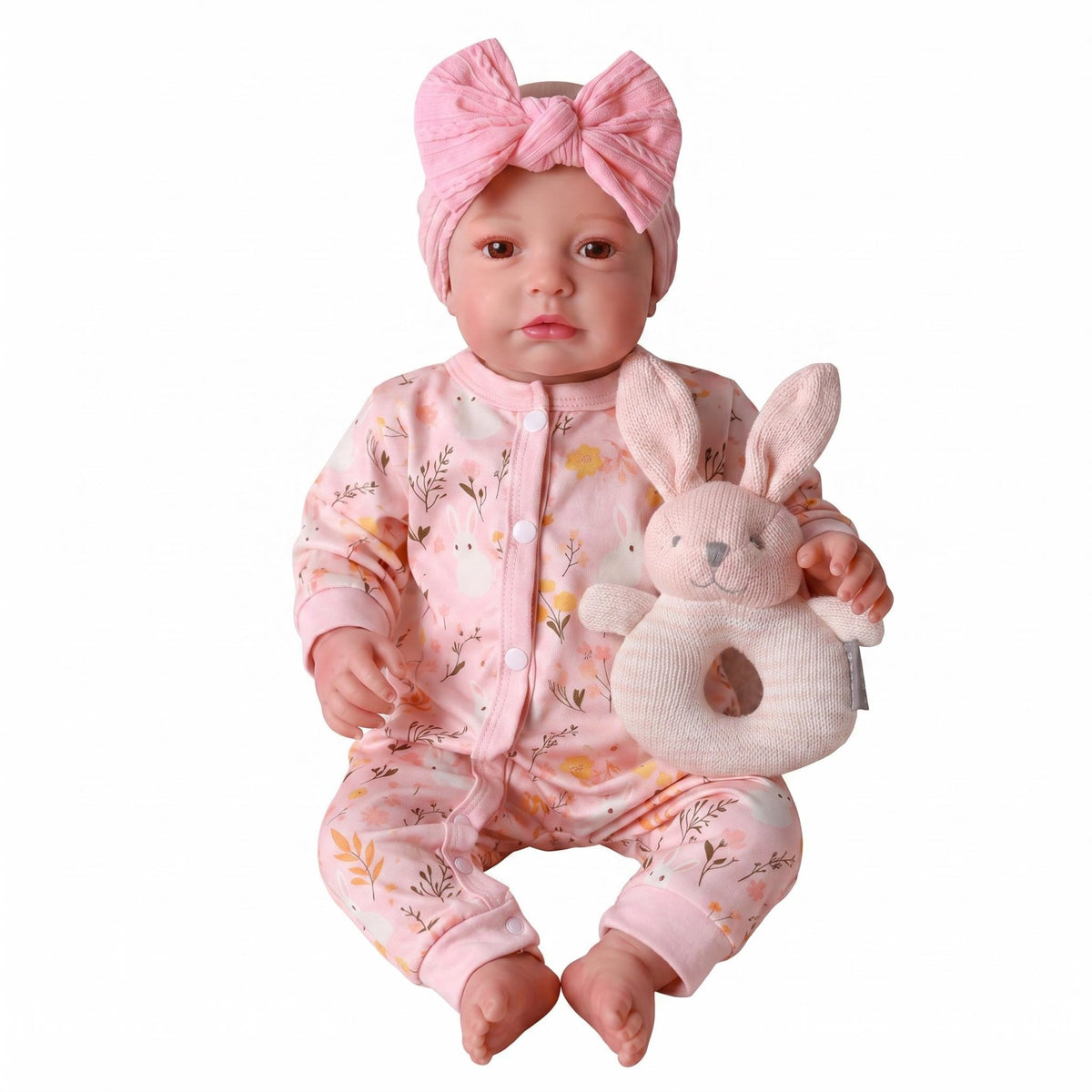 Soft Touch 19-Zoll Reborn-Puppe mit vollem Vinylkörper, floralem Hasen-Print-Reißverschluss-Strampler, komplettes süßes Outfit für Rollenspiele & Innendekoration