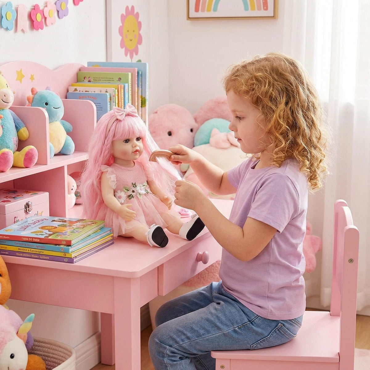 22 Zoll Betty Ganzkörper-Vinyl-Reborn-Puppe, lebensecht, rosa lockiges Haar, Mädchen, realistische 3D-Haut mit sichtbaren Adern, handgefertigte Puppe