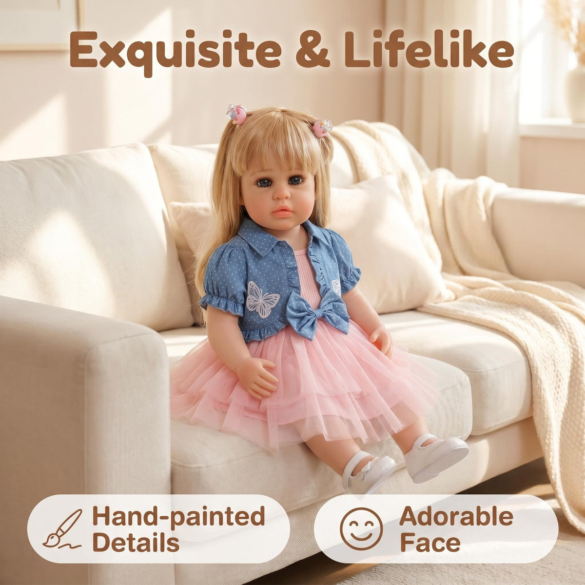 Lebensechte 56 cm große stehende Reborn-Kleinkindpuppe mit Ganzkörper-Vinyl, blonden Zöpfen, Prinzessinnen-Outfit, festliches Geschenk für Kinder und Sammler