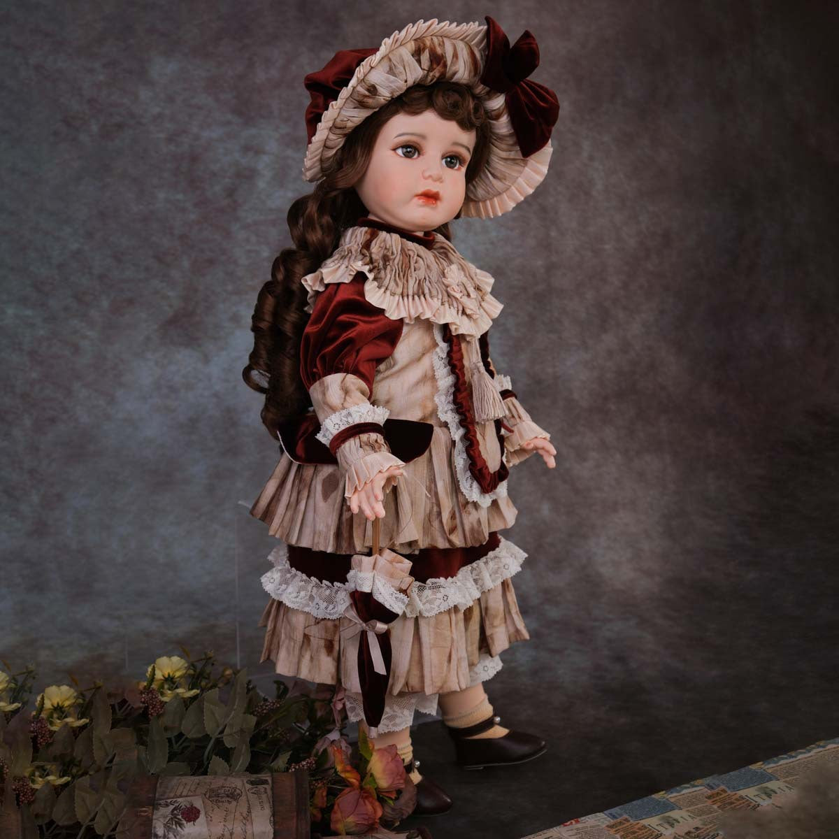 26-Zoll Vintage-Puppenfigur im königlichen Suppenschüssel-Stil aus Keramik, Stoffkörper, hochwertiges Geschenk, Sammlerstück, Dekorationsartikel.