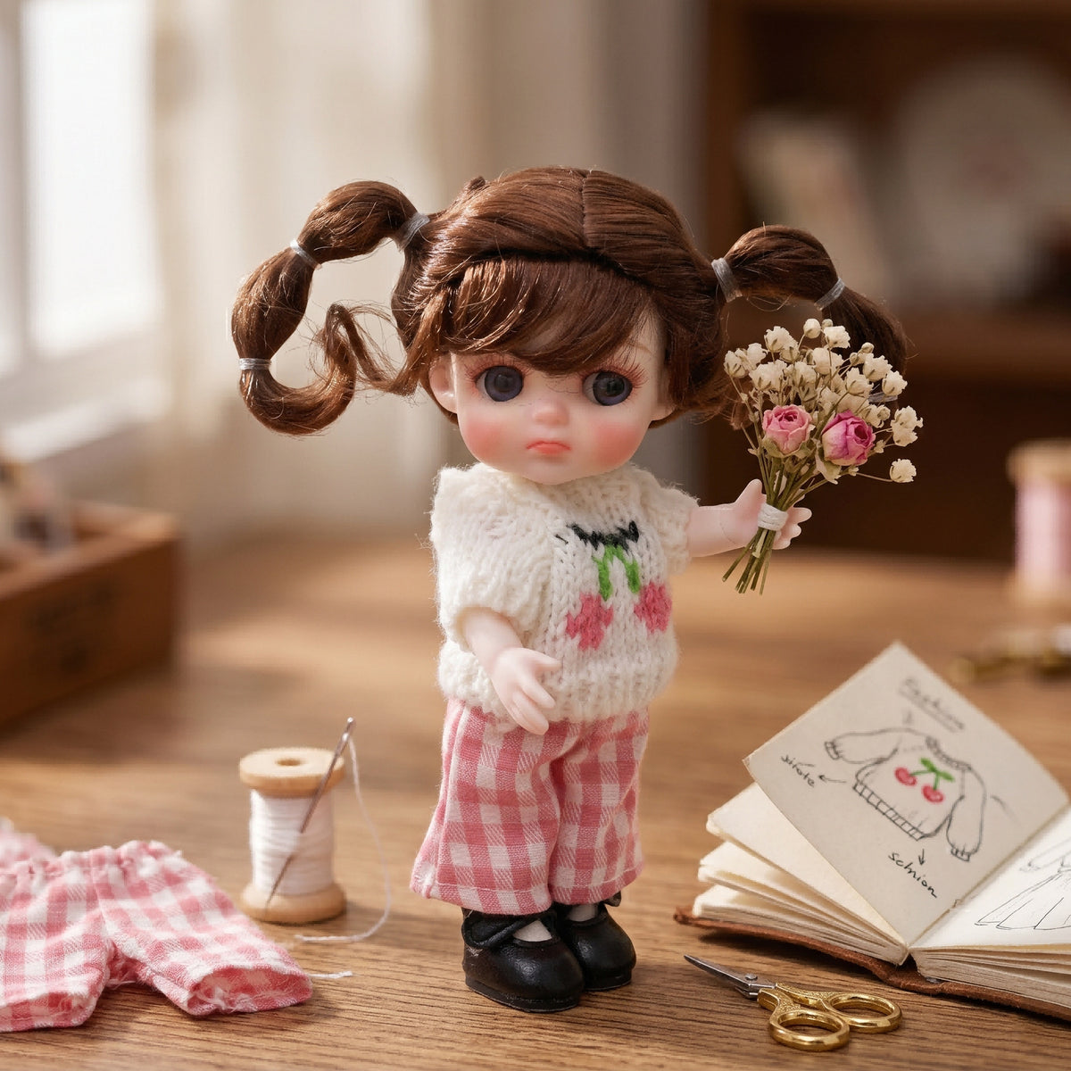 6-Zoll-Mini-Puppe mit Vollkeramik-Körper, süßes Outfit mit Zöpfen und Kirsch-Strickkleidung, sammelbare Tischdeko, Geschenk