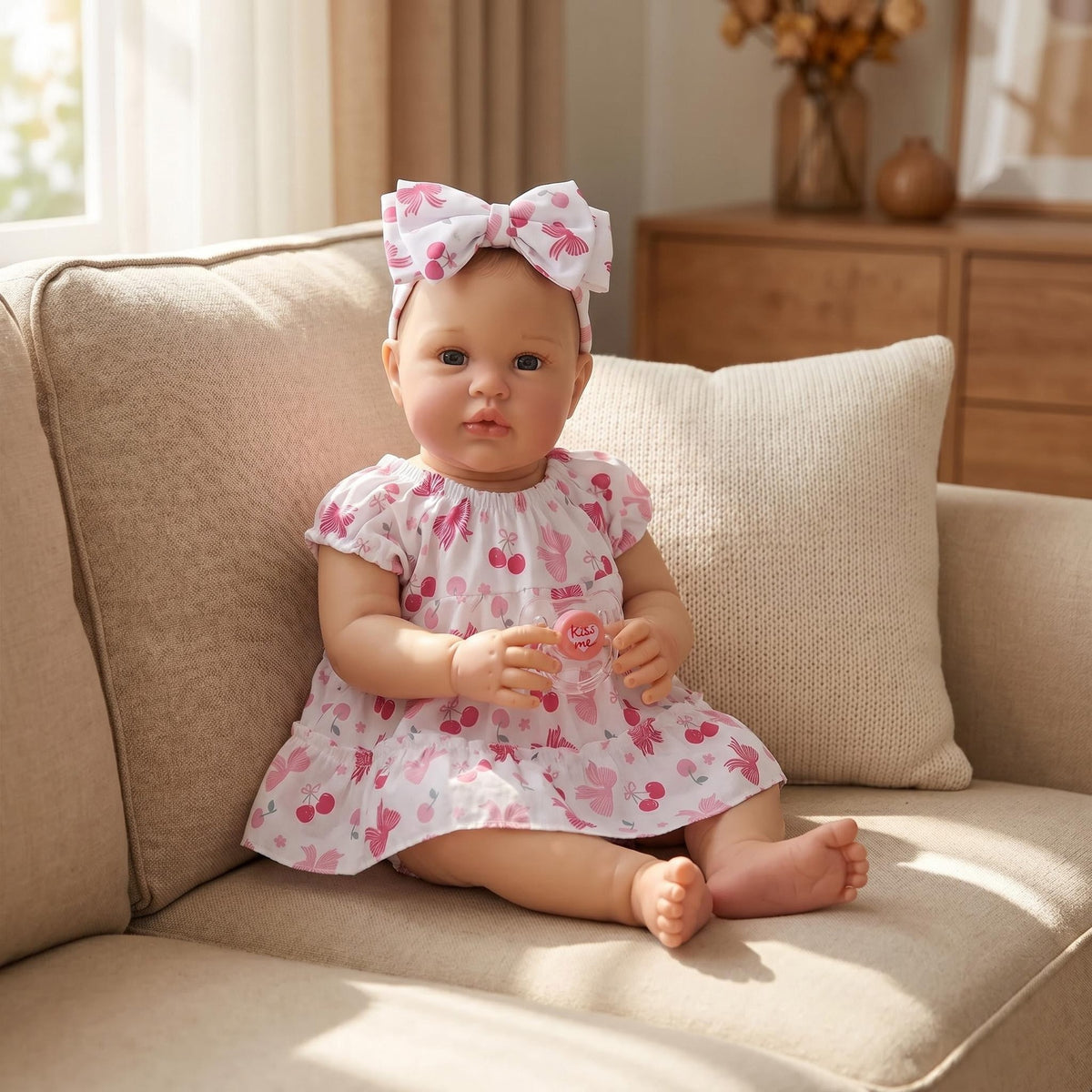 Realistische 22-Zoll Reborn-Babypuppe mit Stoffkörper, Kleid mit Kirschmuster, beruhigender Begleiter als Geschenk für die Feiertage