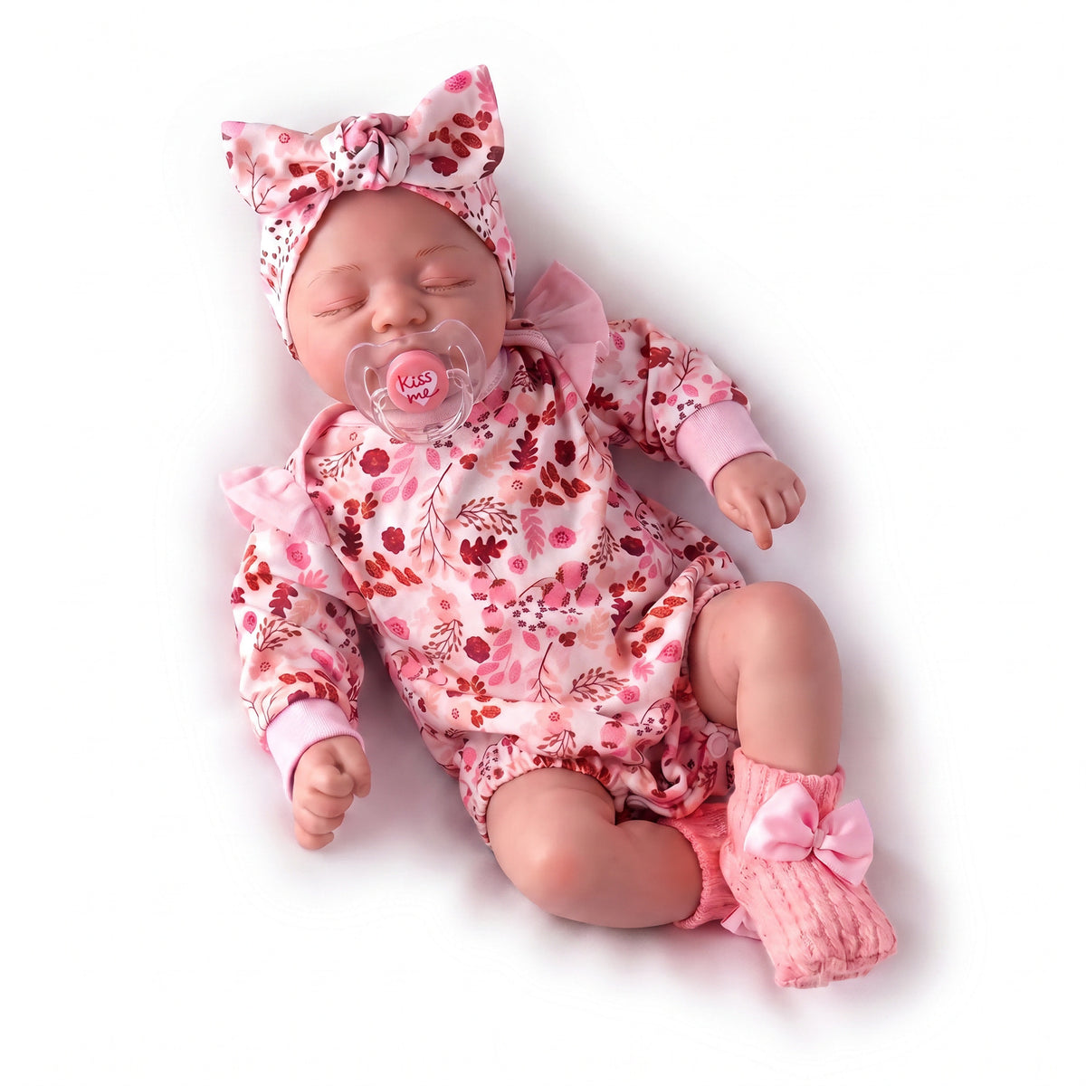 19 Zoll große, süß lächelnde Reborn-Puppe mit Stoffkörper, rosafarbenem Blumen-Outfit, Komfortspielzeug als Geschenk für Feiertage