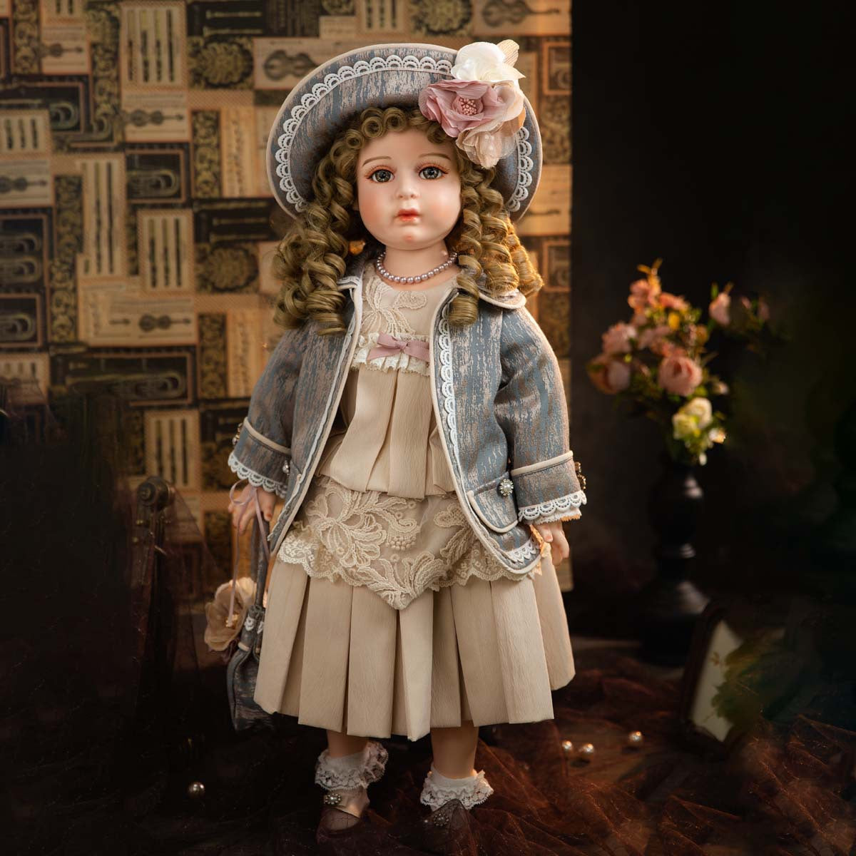 26-Zoll antike Biskuitporzellan-Puppe, Mädchenpuppe mit wunderschönem Kleid