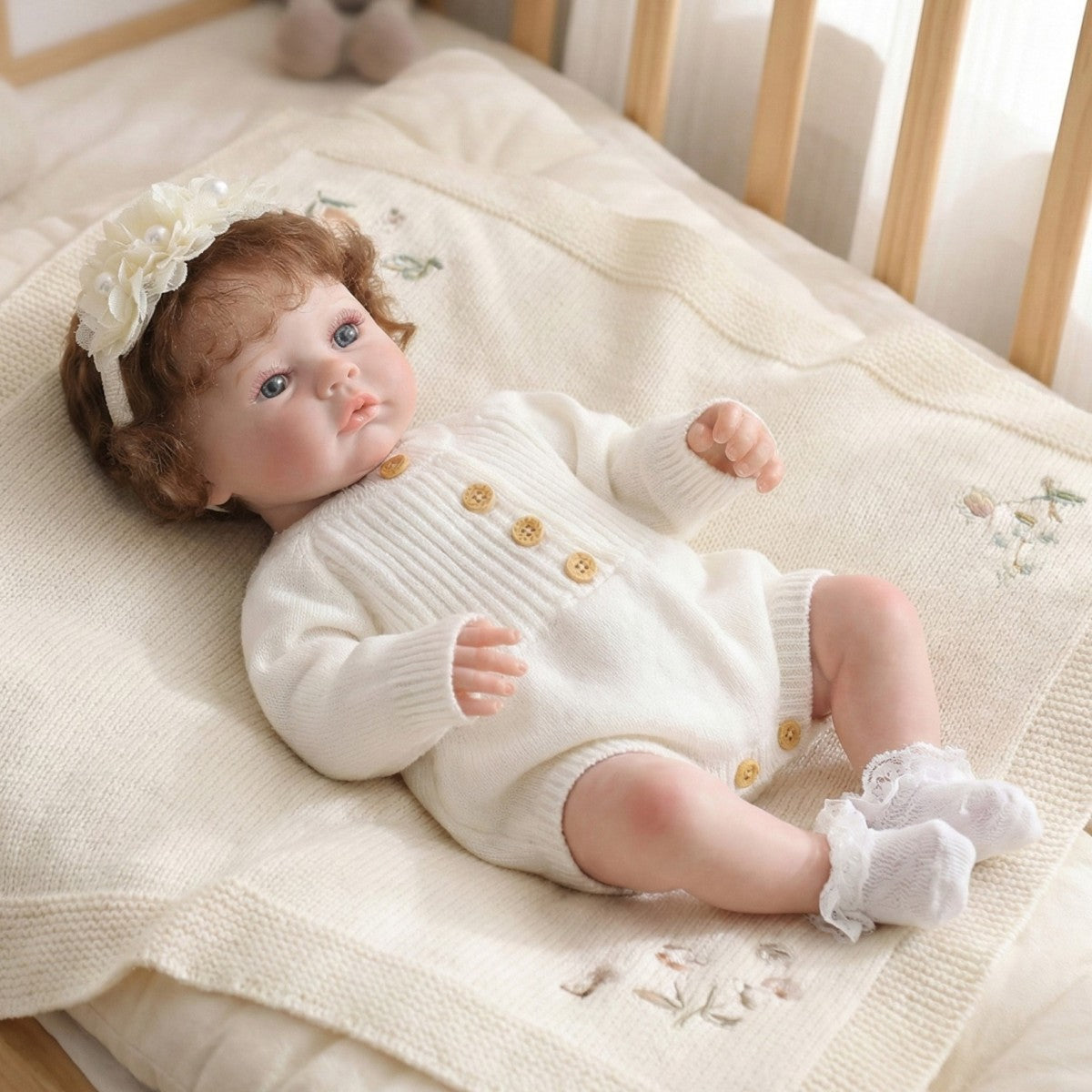 18 Zoll Reborn-Puppe mit implantierten Haaren, 45 cm, Stoffkörper, Simulationsbaby